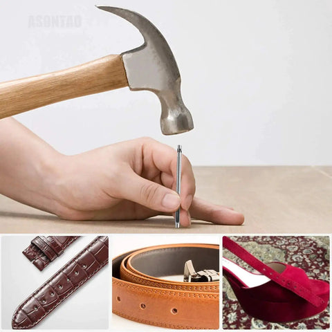 6 Piece Hollow Leather Hole Punch Set For Belts And Watch Bands, shown with hammer, belt, watch band, and shoe in background