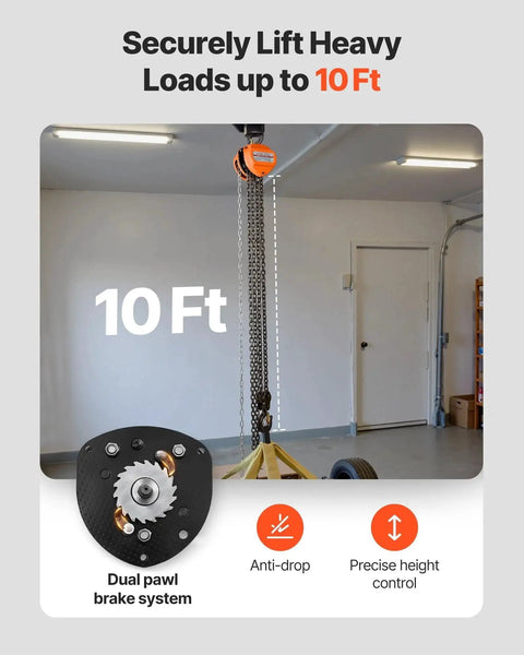 3 Ton Hand Chain Hoist With 6600 Lbs Capacity And 10 Ft Lift Height Heavy Duty in garage setting showing dual pawl brake