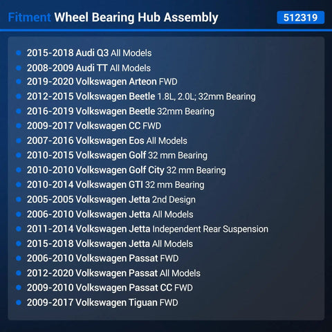 Wheel Bearing Hub Assembly compatibility chart listing years and models for Audi and Volkswagen vehicles.