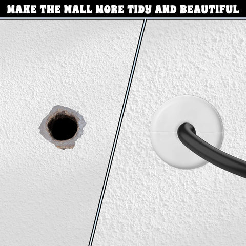 White wall grommet with round cover for cable pass-through; black cord exiting through a wall hole.
