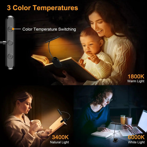 Rechargeable Clip On Book Light With 19 LEDs 3 Color Temps 5 Levels Memory shown in use for reading at different light settings