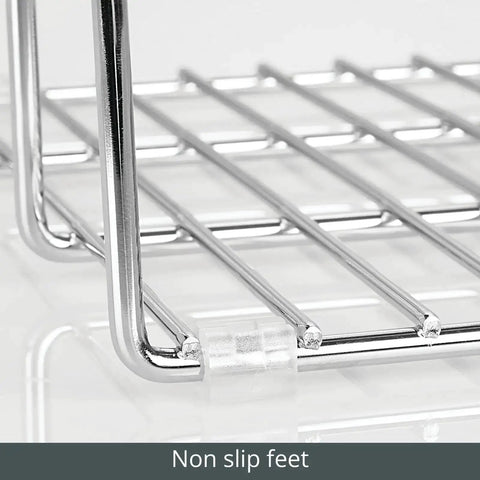 Close-up of non-slip feet on 3 Slot Tray And Pan Rack For Kitchen Organization, Metal Wire Pantry Storage, silver finish
