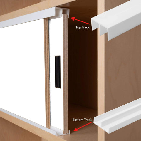 Half Inch Panel Sliding Door Track 48 Inch Long White Plastic Upper and Lower Set Fits Half Inch Thick Panels installed on cabinet
