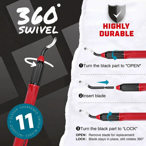 Guide to using deburring tool with 360 swivel and high durability label, showing blade insertion and lock mechanism.