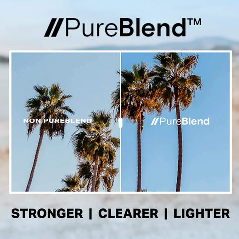 Palm trees under clear blue sky with split screen effect showing PureBlend filter on one side, text 'Stronger Clearer Lighter' below.