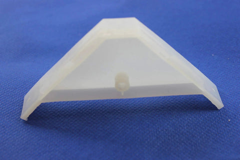 Close-up of a 12 Pack 90 Degree Cabinet Triangle Brackets White Durable Plastic Corner Support Brace with Off Center Screw Hole for Easier Access.