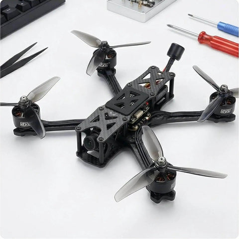 Quadcopter with X2807 1300KV 1700KV FPV Brushless Motors Set for 7 to 8 inch 6S racing quadcopters and multirotors, shown on a table.