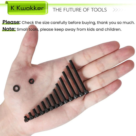 Hand holding screws and washers from All In One 900 Piece M4 Nuts Bolts And Washers Set 4mm To 45mm Upgraded Zinc Plated 12.9 Alloy Steel.