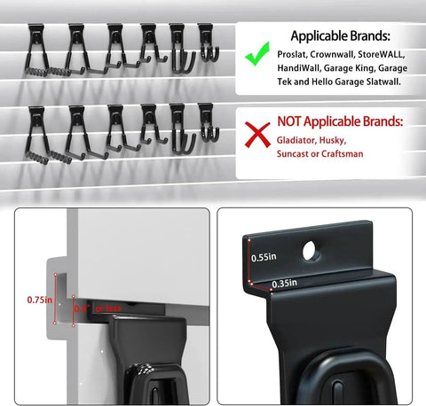 Diagram showing Heavy Duty Slatwall Hooks 20 Pack With Beefed Up Backplate for various brands, close-up of hook thickness measurements