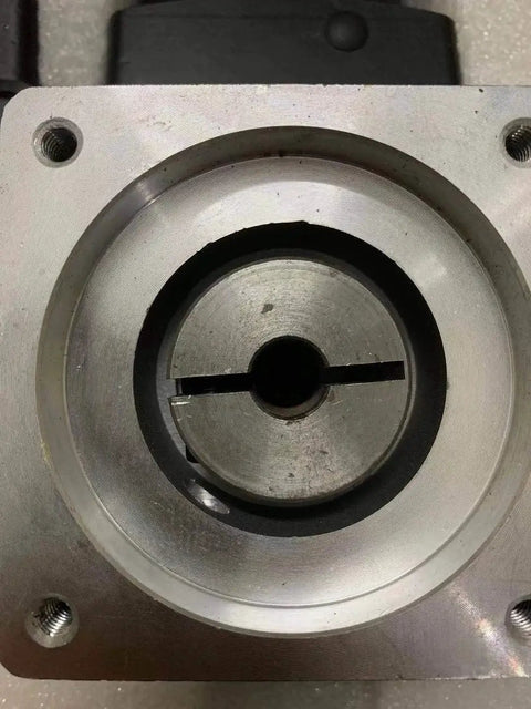 Close-up of planetary gearbox 20 to 1 gear head Nema 34 with one half inch input shaft and sixteen millimeter output shaft 86mm flange