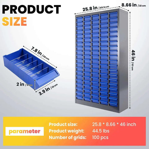 Heavy Duty 100 Drawer Parts Cabinet With Metal Frame For Nuts Bolts And Small Hardware In Garage Workshop And Classroom Storage Organizer Durable ABS Drawers And Sturdy Metal Body Keeps Tools And Components Tidy And Accessible, dimensions labeled.