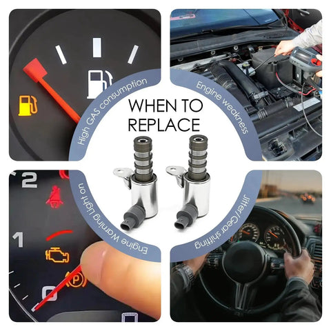 Collage of VVT Solenoid Camshaft Position Actuator for Ford V6 3.7L 3.5L 3.3L Engines with dashboard signals and engine maintenance