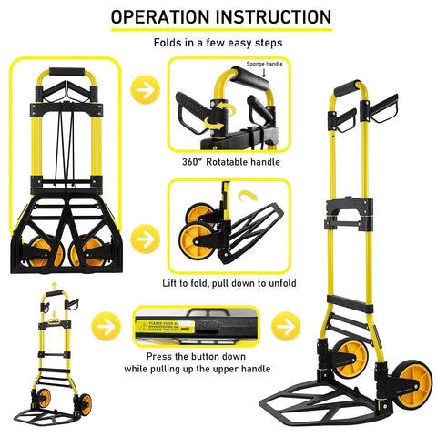 Operation instructions for Foldable Aluminum Hand Truck Dolly With 440lbs Capacity Portable Luggage Cart, showing steps for folding, handle rotation, and use.