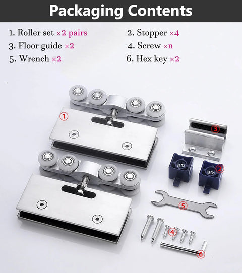 Beefed Up Glass Sliding Door Hardware Kit with track, rollers, stoppers, guides, screws, wrench, hex key visible in image.