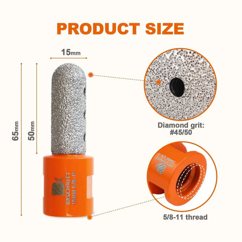 Diamond Finger Milling Bit for Porcelain Tile and Stone, 3/5 Inch Dry Core Drill Bit, 65mm, close-up of tool size and thread pattern.