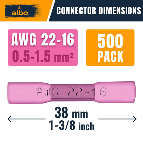 ALBO heat-shrink butt connectors, 22-16 AWG, 0.5-1.5 mm², 500-pack, insulated copper crimp terminals