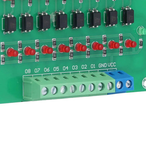 Close-up of circuit board with LEDs and connectors on Eight Channel Optical Isolation Module 24V To 5V Optocoupler PLC Signal Converter