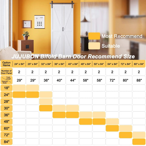 Space Saving Bifold Barn Door Kit With Pre Assembled Panels And Sliding Hardware No Sweat Install Solid Core Water Resistant Finish Easy Assembly K Shape Bi Fold Door 32 By 84 Inches For Tight Openings size recommendation chart