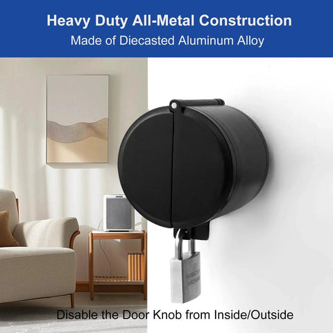 Heavy Duty Metal Door Knob Lockout Device With Padlock Adjustable Doorknob Cover in a home interior, side view