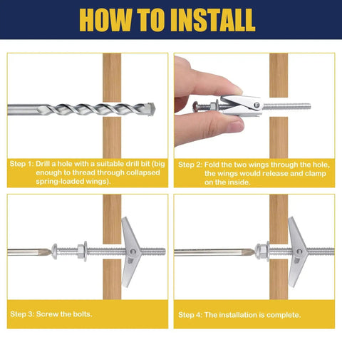 Installation guide for Toggle Bolts Assortment Kit 48 Sets for Drywall including butterfly anchors and wing nuts.