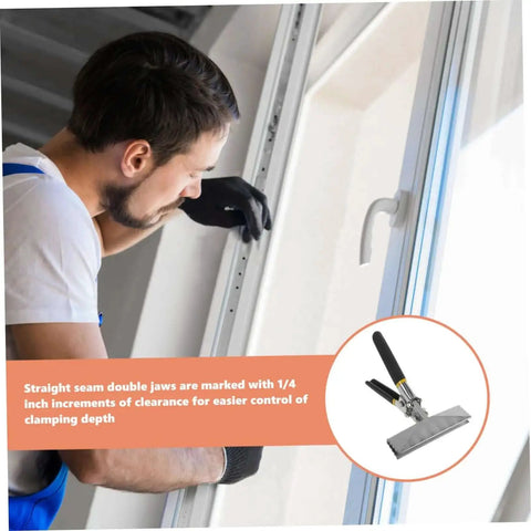 Manual Metal Bender Tool For HVAC And Roofing, Edge Seamer in use by worker, showing precise jaw markings for clamping control, 6 inch jaw span