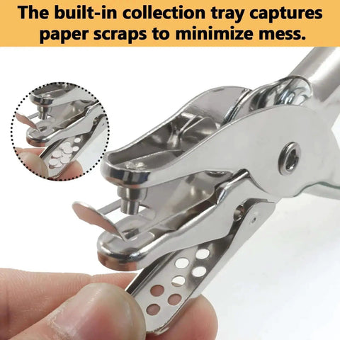 Close-up of Two Pack One Eighth Inch Hole Puncher Mini Paper Punch Three Millimeter Circle Punch for crafting with built-in waste tray.