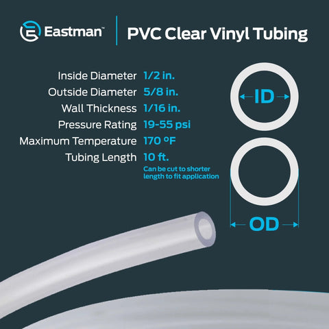 Clear PVC Vinyl Tubing Half Inch Inner Diameter Five Eighth Inch Outer Diameter Ten Foot Length Ideal Low Pressure Transfer Of Liquids Chemicals And Gases Suitable For Drainage Lines Potable Water Beverage Dispensers Aquarium Lab Use Not For Ice Makers