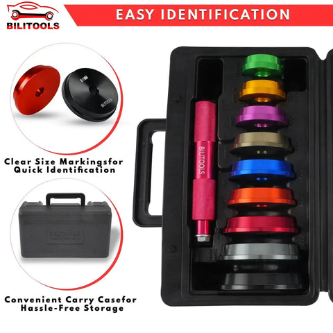 Bearing Press Kit 10 Piece Bearing Race And Seal Driver Set shown in open case with colorful dual sided adapters.