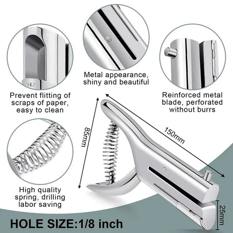 Image of Heavy Duty One Hole Punch With Deep Throat Reach 2 Inch Long 1/8 Inch Hole Size Punches, highlighting metal components and spring.