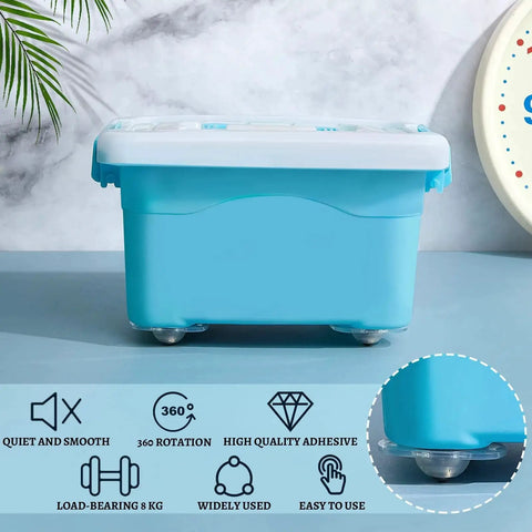 Blue storage box with 24 Pieces Self Adhesive Caster Wheels For Appliances And Cabinets With 360 Degree Swivel Universal Wheel