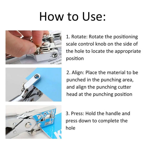 Instructions for using Metal Handheld All In One Hole Puncher With Retainer For Office And Home Use Manual Punching Tool 5-14mm, 30 sheets.