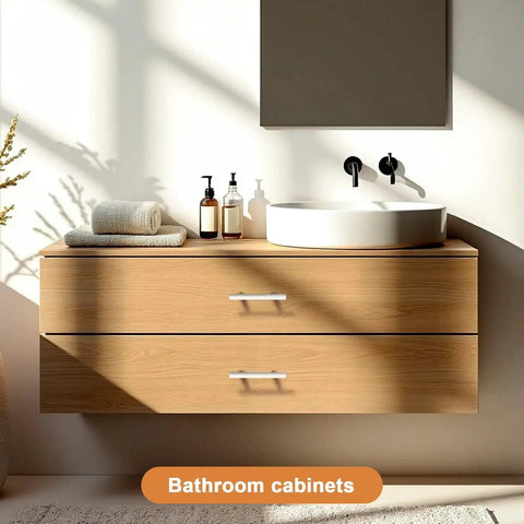 Modern bathroom with wood cabinet featuring white handles, round vessel sink, and wall-mounted black faucet.