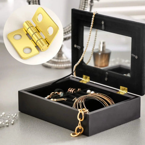 Thirty Pieces Small Brass Hinges For Crafts With 120 Screws And Nails, 13 X 12 Mm Mini Hardware For Jewelry Boxes, shown installed on a black jewelry box.