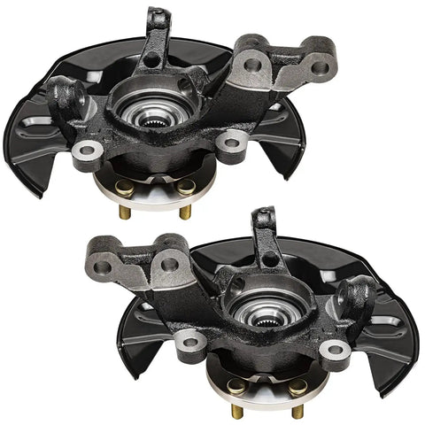 Front Steering Knuckles 2-Pack With Wheel Bearing Hubs Assembly For 2003-2008 Toyota Corolla Replacement Kit OEM Grade Drop-In Fit For 2004-2007 Models, showing pre-assembled knuckles with metal construction, ready for installation.