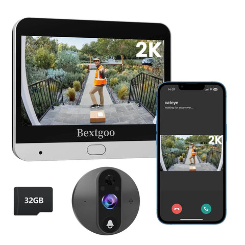 2K Video Peephole Doorbell Camera With 32GB Memory Card And 4 3 Inch Color Monitor 8000mAh Battery 170 Degree Wide View Motion Detection Alerts And Night Vision For Easy No Brainer Home Door Camera System displaying person at door