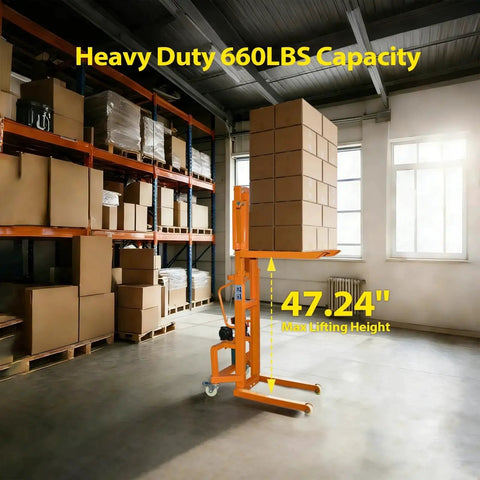 CareArise electric pallet stacker, orange, 660 lb capacity, 47.24 in max lift height in warehouse