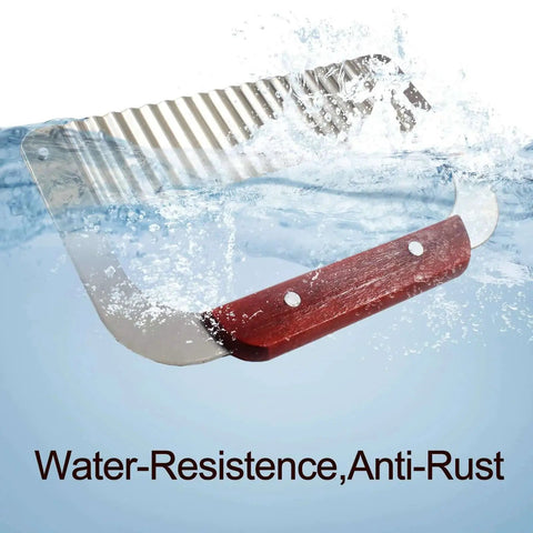 Stainless Steel Crinkle Cutter With Wooden Handle, Heavy Duty Wavy Blade Slicer for Potatoes, Carrots, and Veggies in water.