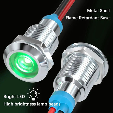 Five Pack LED Indicator Lights 12V to 24V Waterproof IP65 Metal Signal Lamps with 10mm Mounting Hole shown with green light