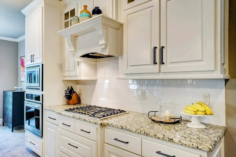 Modern kitchen with white cabinets featuring 10 Pack 5 Inch Square Cabinet Handles Matte Black Drawer Pulls For Cabinets And Cupboards Center To Center 5 Inch Mounting Holes Modern Kitchen And Furniture Hardware Durable Construction With Smooth Edges And Corrosion Resistant Matte Finish.