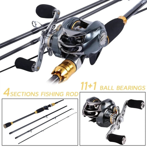 Fishing Rod And Baitcasting Reel Combo 4 Section Carbon Casting Rod Baitcasting Reel Set For Travel Lure Rod Tackle Kit