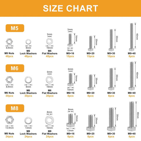 Size chart for Durable 408-Piece 304 Stainless Steel Hex Metric Bolts Nuts And Washers Kit with M5 M6 M8 sizes.