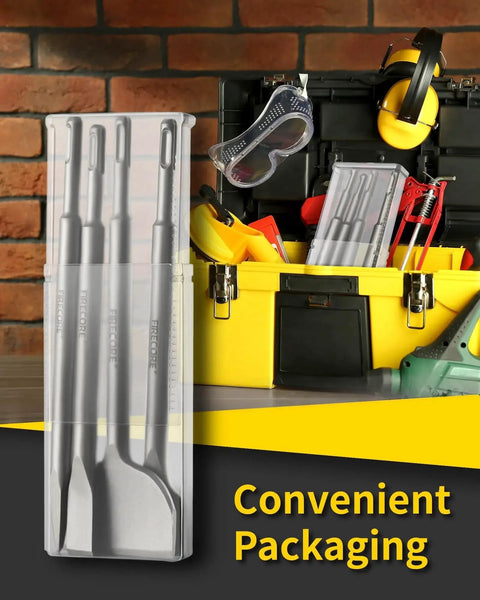 Alloy Steel 4 Piece SDS Plus Chisel Set For Demolition And Tile Removal Includes Point 10 Inch Flat 0.8 Inch Wide packaged.