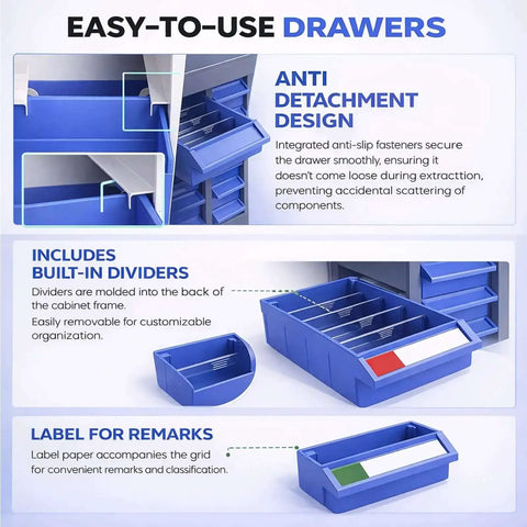 Close-up of blue easy-to-use drawers with anti-detachment design and built-in dividers for organization in heavy-duty alloy steel tool storage cabinet.