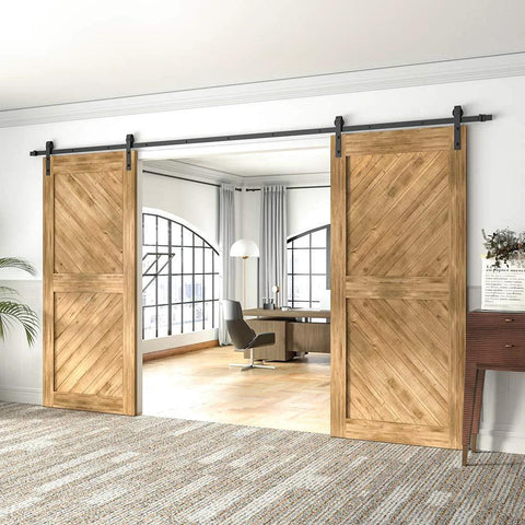 Heavy Duty Black Barn Door Hardware Kit For Double Sliding Doors 12 Ft Carbon Steel J Shape Track Easy Install For 72 Inch Closet Panel Built To Last Rail System With Smooth Rolling Operation Ideal For Home showcasing installed wooden doors in an office setting.