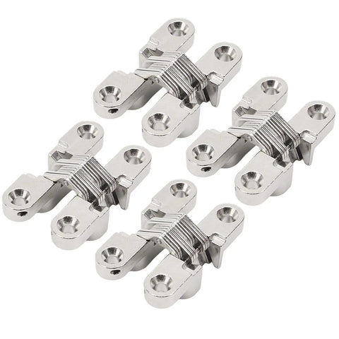 Mini Zinc Alloy Cross Hidden Door Hinge Set Four Pack 180 Degree Full Swing Invisible Hinges For Jewelry Box Cabinet Folding Door Sturdy Concealed Hardware For DIY Projects