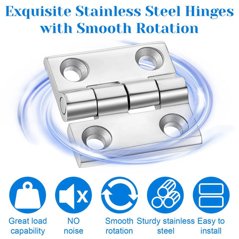 Stainless steel boat hatch hinge, 2x2 in, 316 marine-grade with four screw holes per plate.