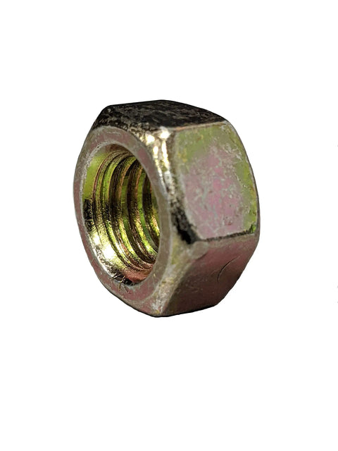 Close-up of Grade 8 Fine Thread Hex Nut 3/4-16 Inch, Yellow Zinc Finish, 5 Pack Steel Fasteners for automotive, farm, and home use.