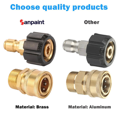 Sanpaint pressure washer quick-connect fittings kit, M22 14mm to 3/8 inch, brass and aluminum adapters, 2 pieces