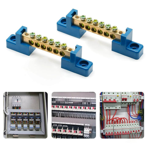 2 Pack Brass Ground Bar Terminal Block, 6 Position Wire Screw Grounding Bus Bar with 5mm Holes, shown in electronics panels.