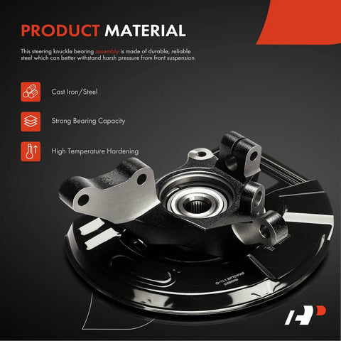 Beefed Up Front Left Steering Knuckle And Wheel Bearing Hub Assembly For Hyundai Santa Fe 2001 2002 2003 2004 With Dust Shield 16 Inch Wheels And 294mm Front Rotor Driver Side Replacement, made of durable cast iron, showcasing its strong bearing capacity and high temperature hardening.